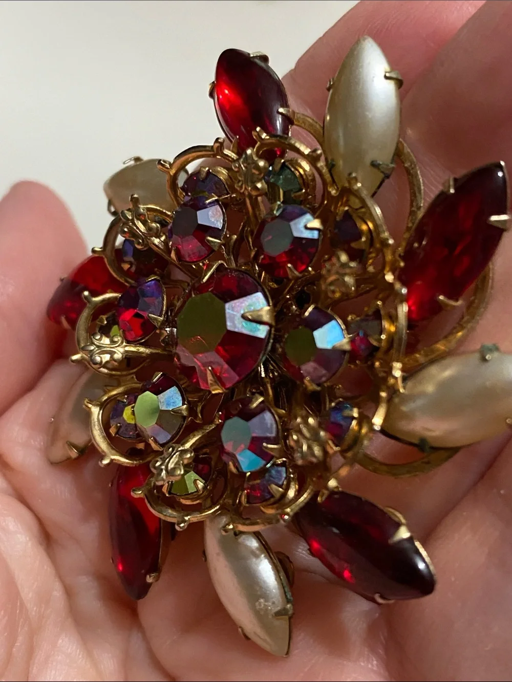 Vintage Red & Pearl Floral Statement Brooch